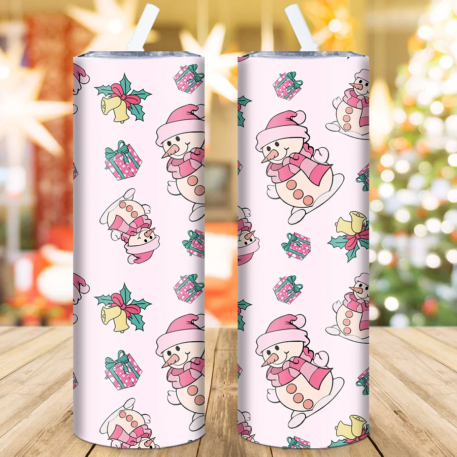 1pc Customized Text 20oz Water Bottle 3d Printed Pink Snowman Stainless Steel Insulated Straight Car Cup With Lid&Straw