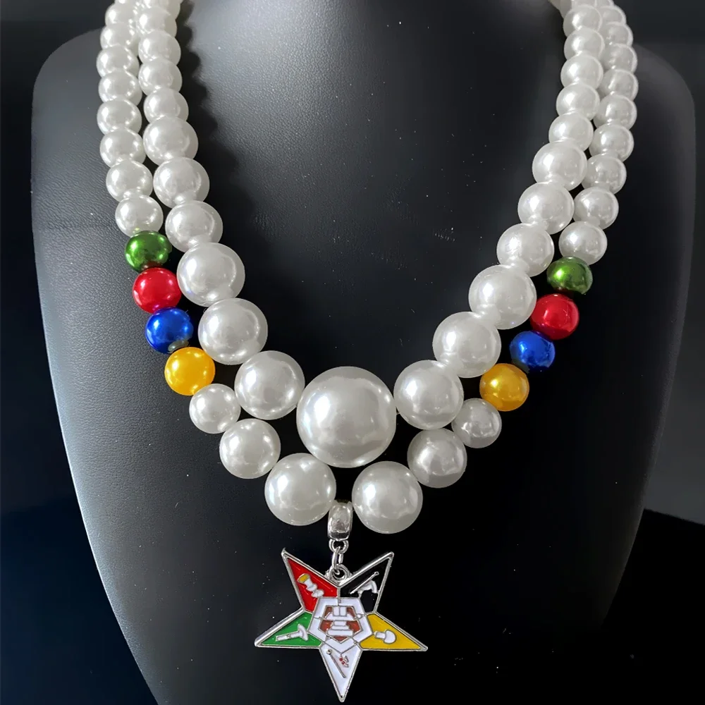 Exquisite The Order of the Eastern Star society OES Enamel Pendant Multilayer Imitation Pearl Bead Handmade Necklace