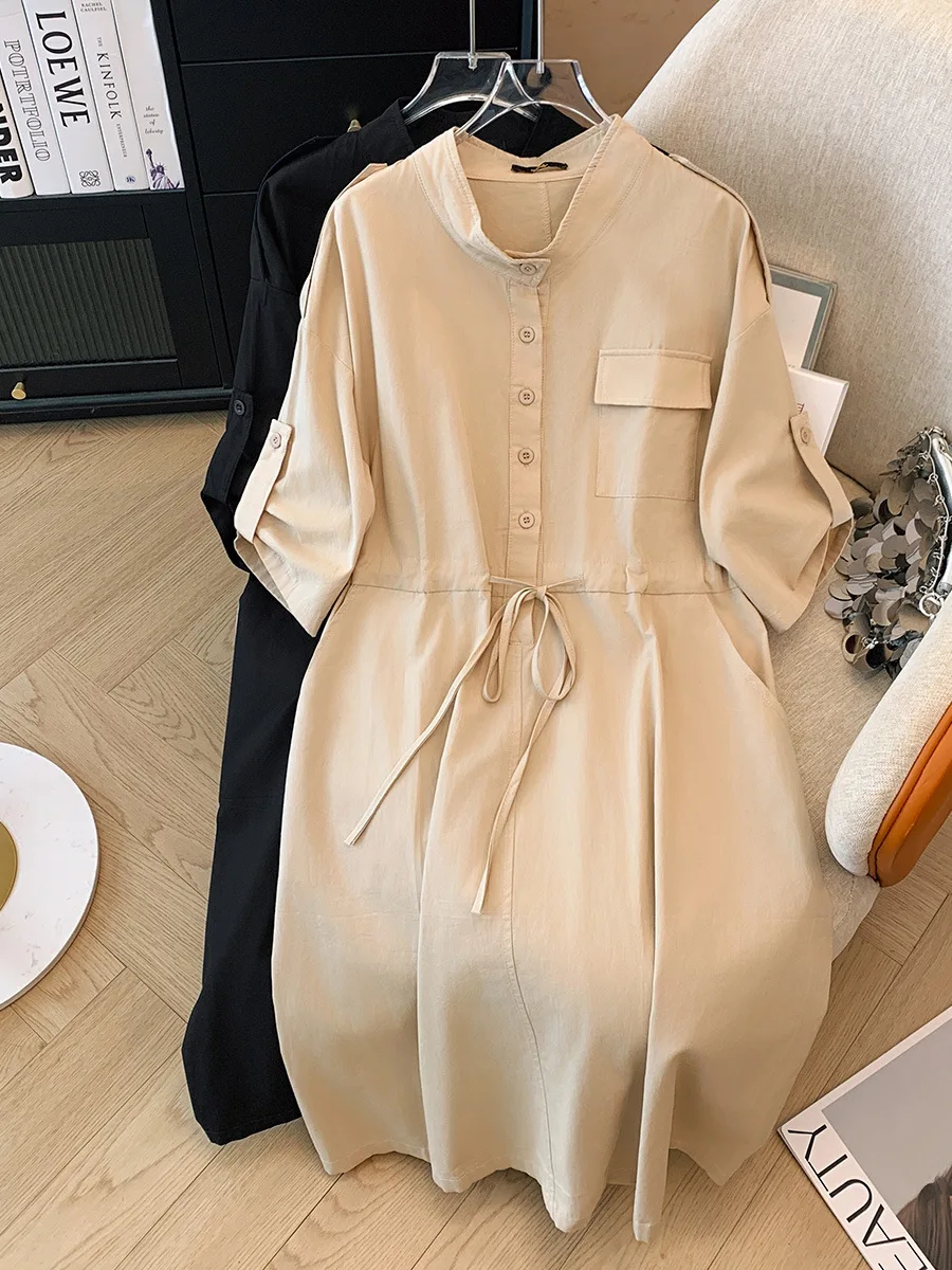 

150Kg Plus Size Women's Summer Loose Cotton Shirt Dress Bust 152cm 5XL 6XL 7XL 8XL 9XL Temperament Waist Dress Black Khaki