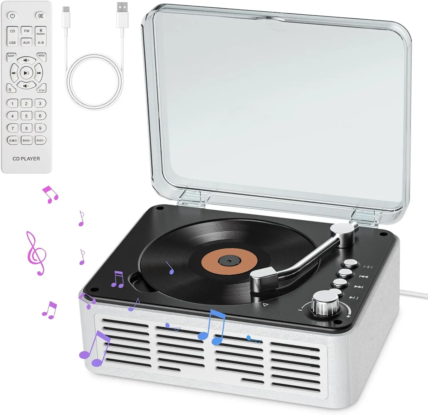 

Ретро-проигрыватель компакт-дисков из дерева с Bluetooth-колонками, Hi-Fi стереозвуком, FM-радио, воспроизведением через USB/AUX и пультом дистанционного управления