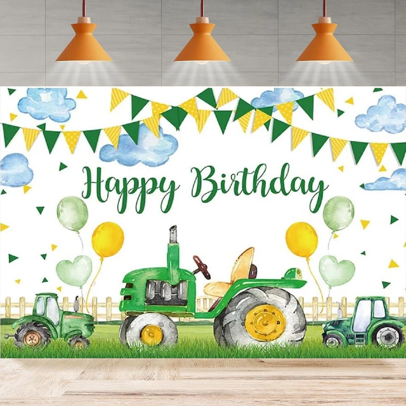 Farm Tractor Photography Backdrop Kids Green Grass Balloon Colorful Flag Clouds Birthday Background Party Backdrop Wall Banner