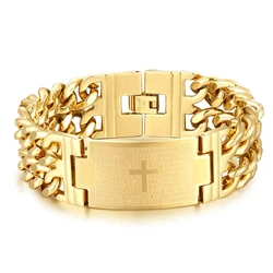 Religious Bible Cross Charm Bracelets Male Gold Color Stainless Steel Chunky Chain Christian Bracelet for Men Jewelry Gift 2025
