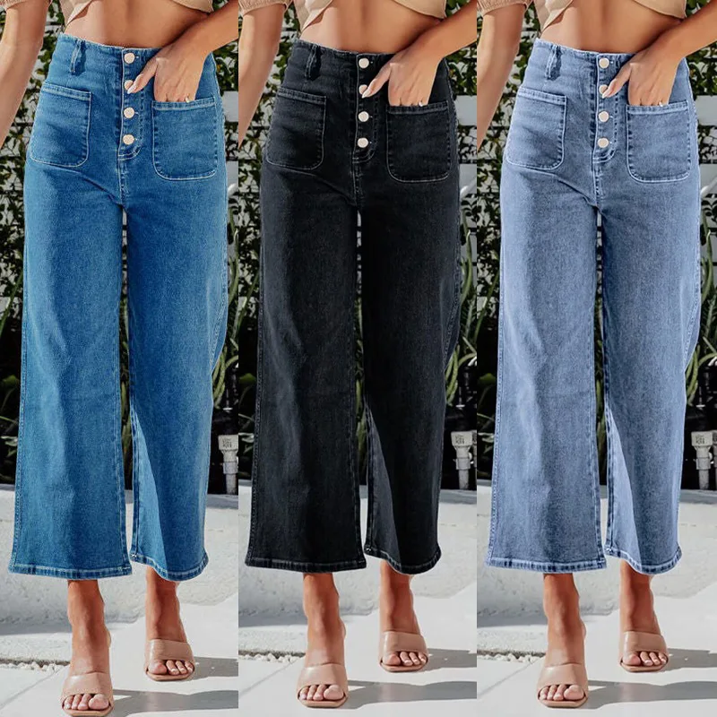 Novo casual calças jeans de perna reta jeans de cintura alta feminino americano retro botão para baixo jeans em linha reta calças de perna larga