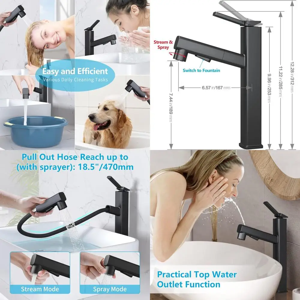 

Modern Matte Black 1-Hole Single Handle Vessel Sink Faucet with Pull-Out Spray and 3 Modes