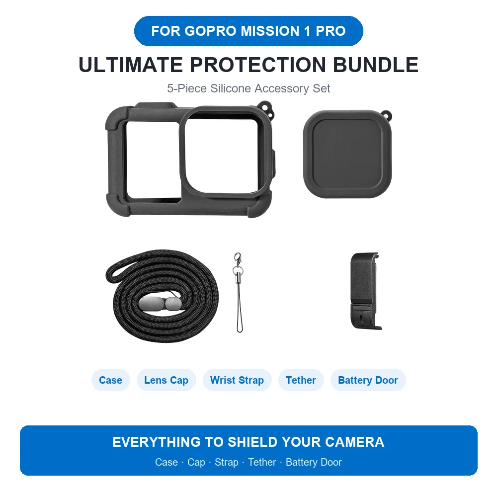 for GoPro Mission 1 Pro Silicone Sleeve Skin Case Lens Cap Cover Battery Door Hand Strap Shockproof Anti-Scratch Accessories Kit