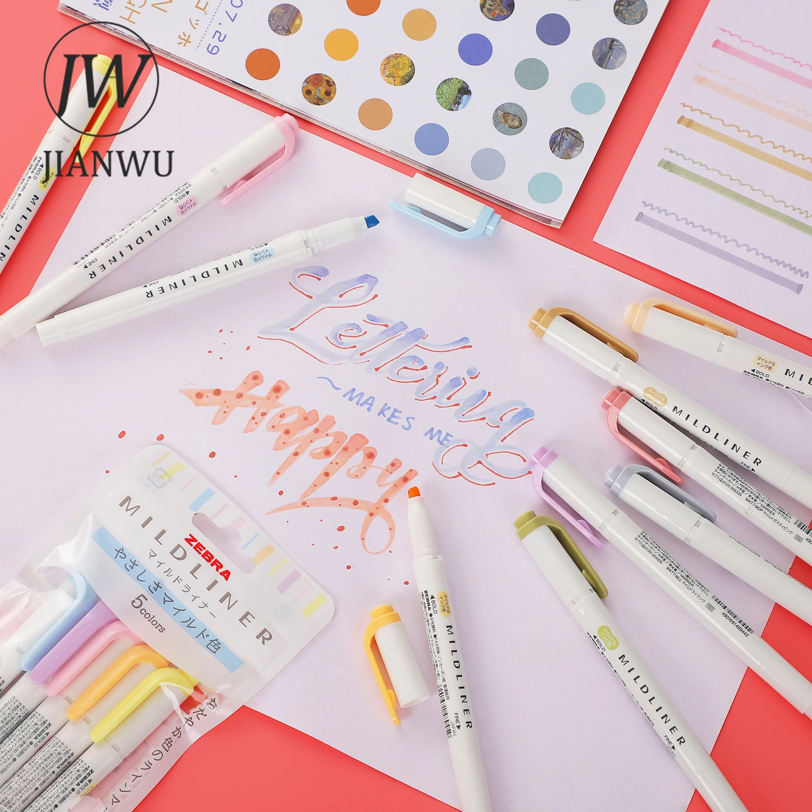 JIANWU 5Pcs/Set Mildliner Double-ended Highlighters Cute Soft Oblique Head Student Writing Marker Pen Kawaii Stationery Supplies