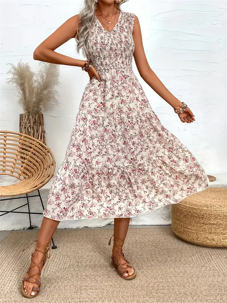 Women's Floral Smocking Ruffled Slim Sleeveless Long Dress Spring and Summer Women's Design Long Cake Dress Dress