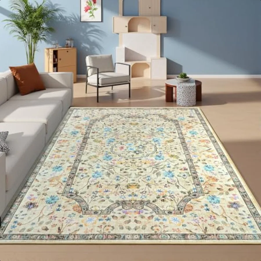 

3x5 Area Rug for Bedroom Washable Rugs for Living Room Laundry Kitchen Floral Indoor Non Slip Carpet Farmhouse Beige Throw Car
