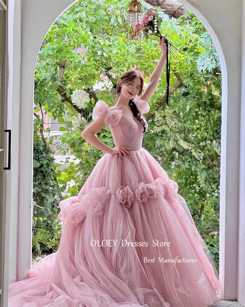 OLOEY Elegant Blush Pink Tulle Evening Dresses Korea Wedding Photoshoot 3D Flowers Sweetheart Garden Bride Gowns Formal Party