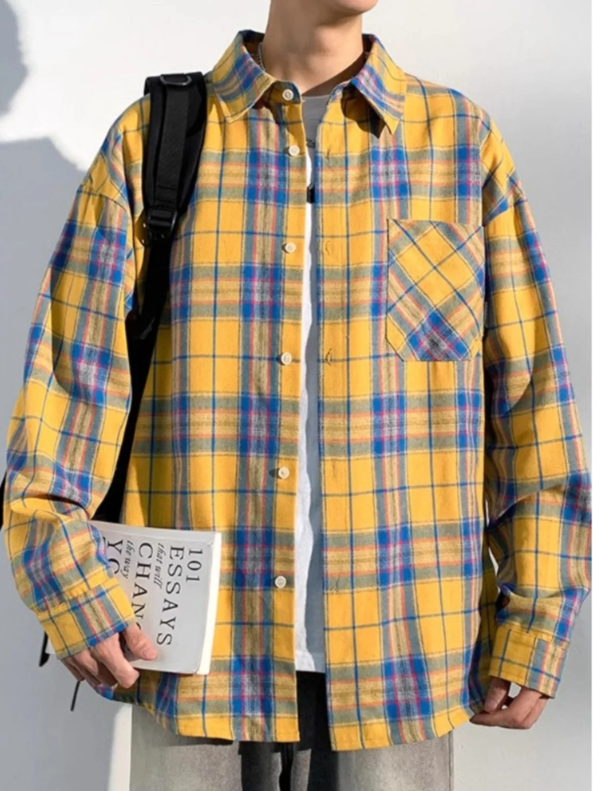 

Autumn Winter Large Size Plaid irt Men's Casual American Retro Teenage Outerwear Long Sve Faionable Trendy Youth
