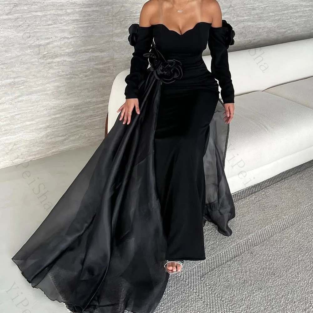 Abiti da sera a trapezio personalizzati Abito da ballo a maniche lunghe con spalle scoperte lungo fino al pavimento Abito da festa semplice drappeggiato con fiori alla moda