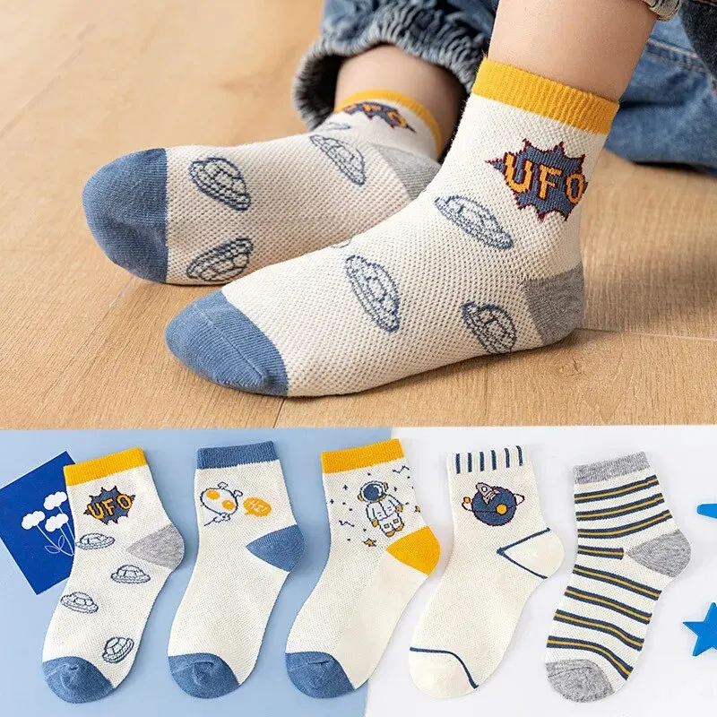 Lot de 5 paires de chaussettes mignonnes pour enfant, en coton, solide, princesse, décontracté, maille fine, fleur, dessin animé, été