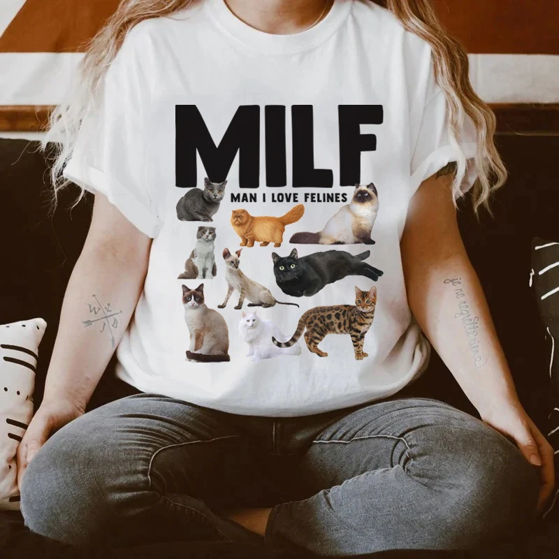 Plus Size Women Funny Meme T-Shirt MILF Man I Love Graphic Tees Casual Short Sleeve Cat Lover T Shirt Cat Mom Shirt Cute Tops