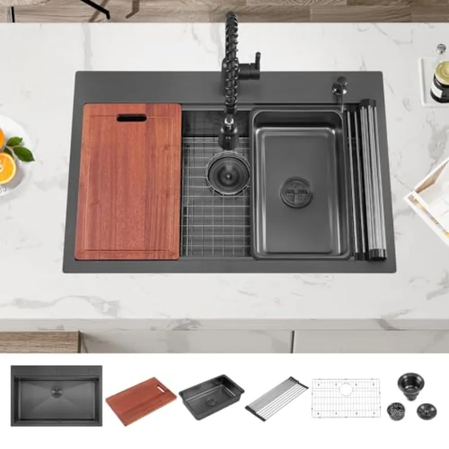 

33-дюймовая черная большая одинарная чаша, кухонная раковина для рабочей станции, 33x22 дюйма, рабочая станция ручной работы из нержавеющей стали, выступ Dr