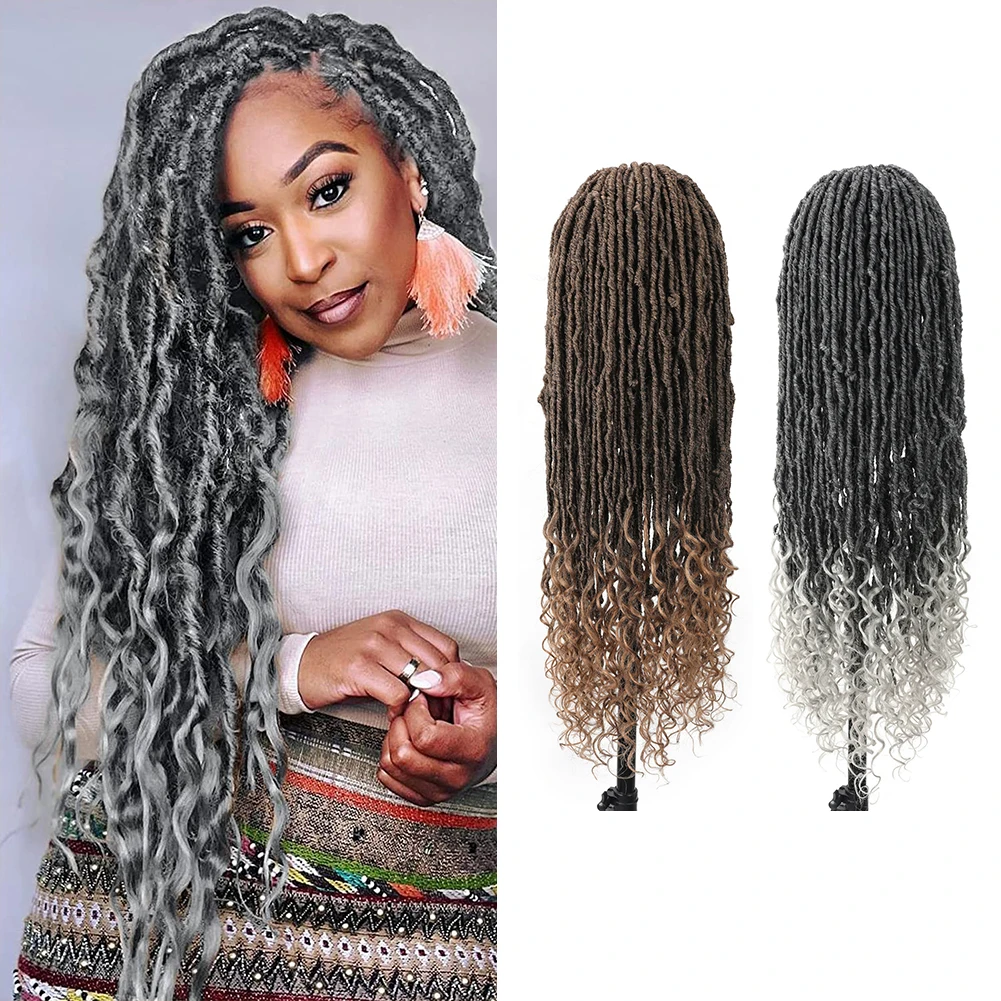 

Lace Faux Locs Braided Wigs Synthetic Lace Twist Wig with Wave Curly End Dreadlock Goddess Faux Locs Crochet Wigs with Baby Hair