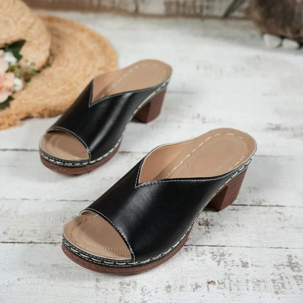 Women Chunky Block Heel Mule Sandals Open Toe Metallic Upper Turquoise Gem Decor Slip on Platform Slippers Ladies Summer Casual view 4