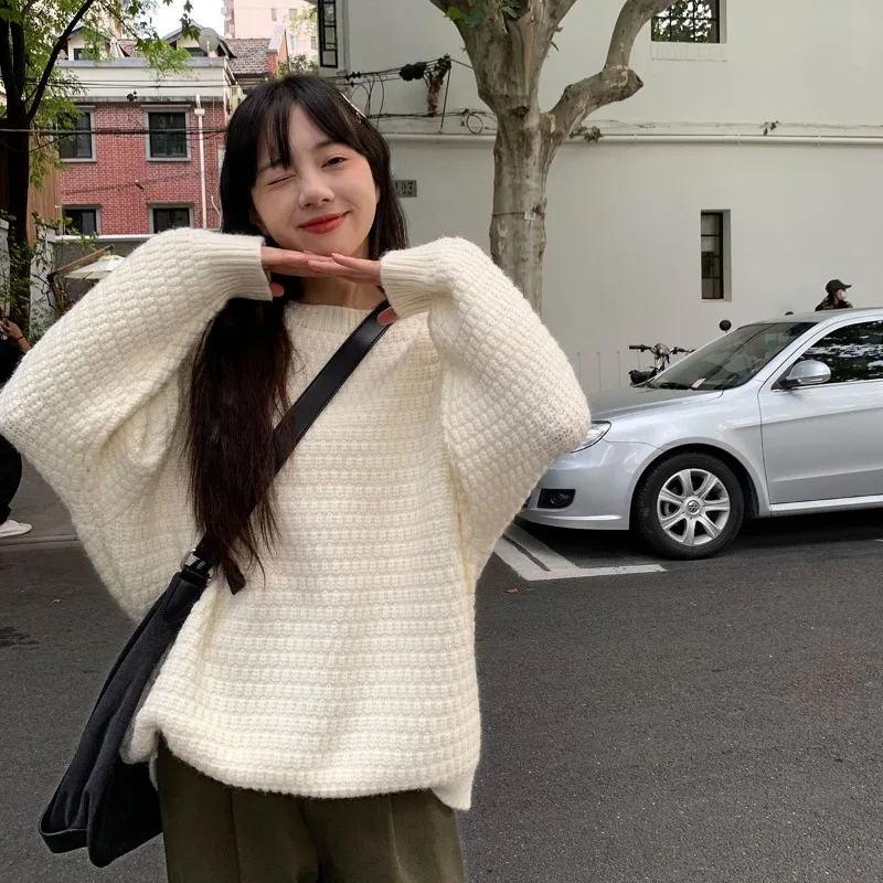 Women Lazy Style Fake Two Piece Knit Sweater Crew Neck Loose Thick Warm Winter Pullover Casual Outerwear