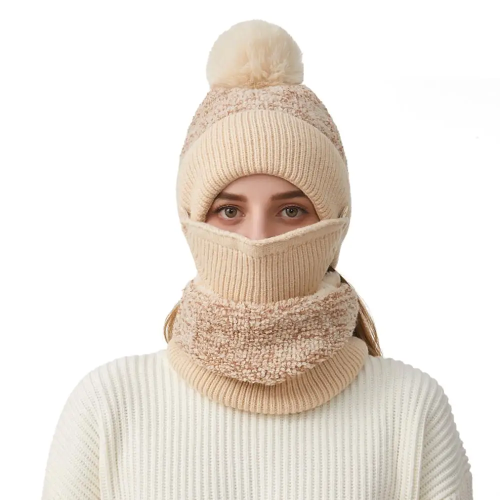 Зимняя шапка-бини 3 в 1 с помпоном, вязаные гетры с капюшоном и маской на флисовой подкладке, теплая