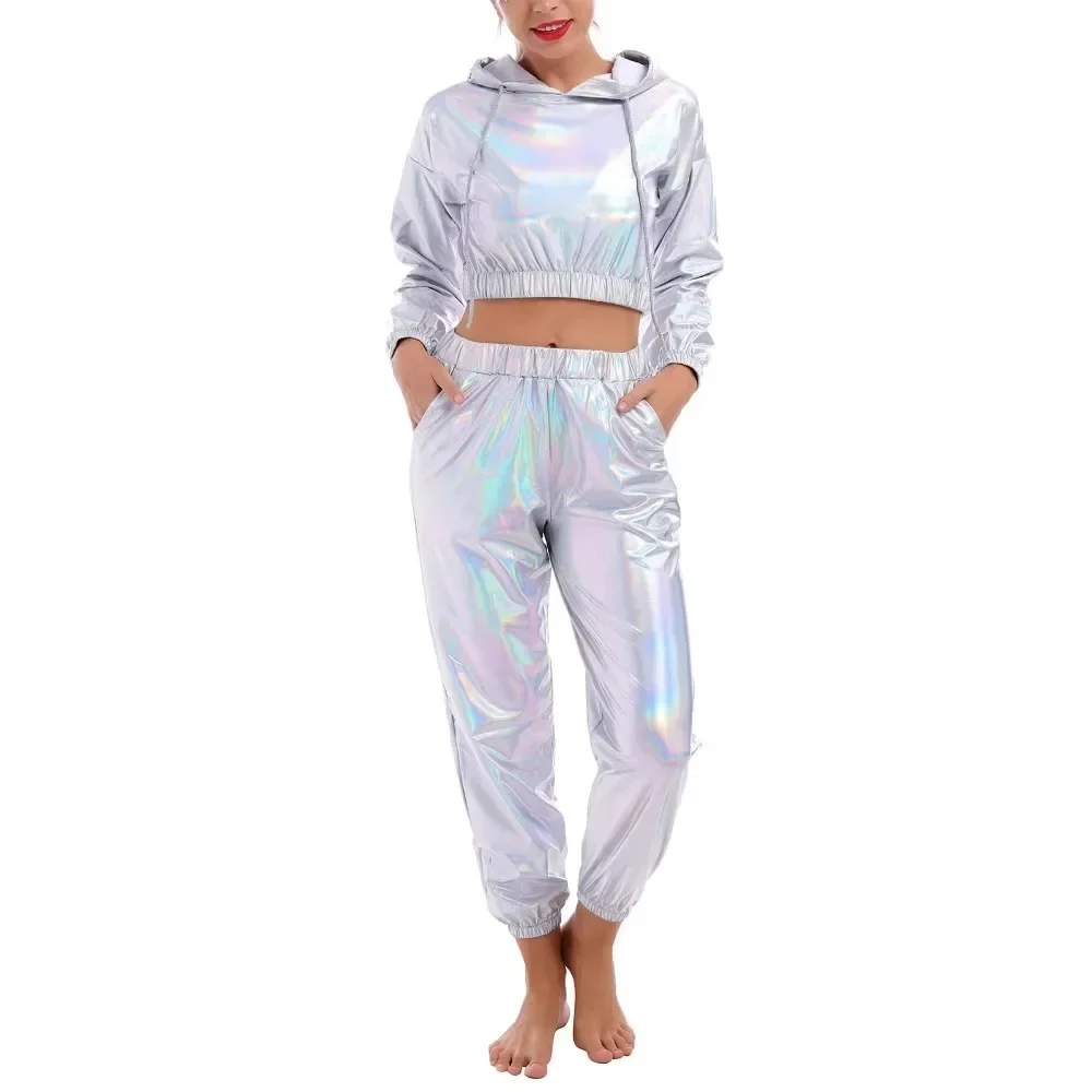 

Shiny Holographic Hooded Pant Sets Long Sleeve Crop Top High Waist Trousers Hip Hop Outfits Streetwear Laser Fashion 2 Pcs