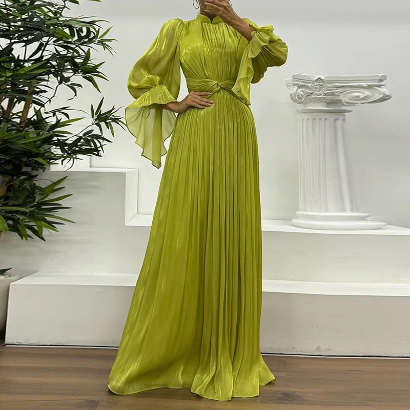 ชุดเดรสออกงานผู้หญิงสีพื้นสไตล์ฝรั่งเศส โรแมนติก ใหม่ล่าสุดสำหรับฤดูใบไม้ร่วง คอตั้ง เอวสูง ทรงโรบ แขนบาน จับจีบ ชุดราตรี