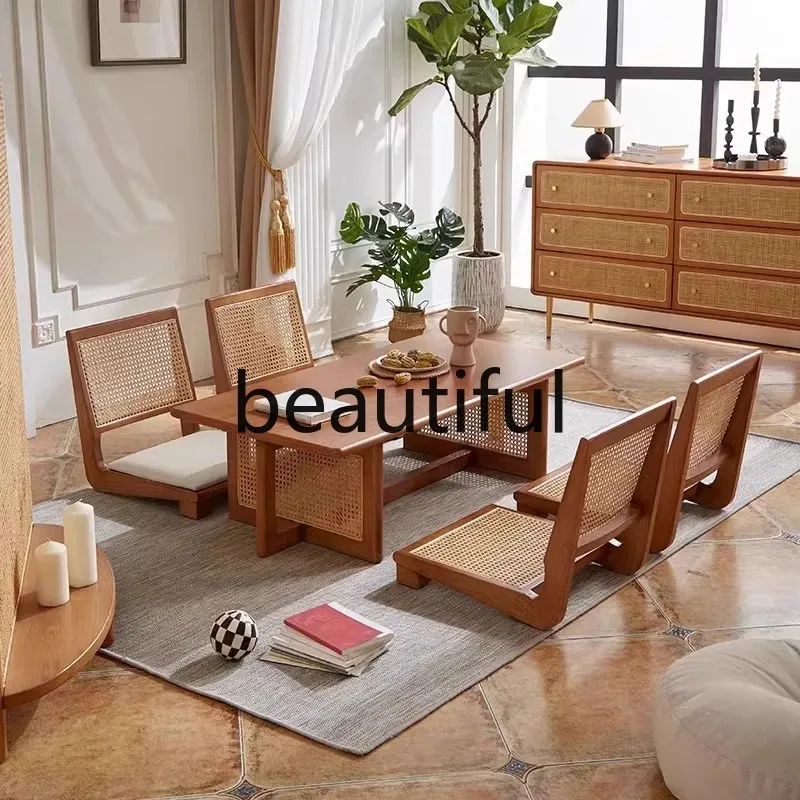 Japanese coffee table solid wood rattan tea room tatami table and chair combination new Chinese zen balcony short tea  H
