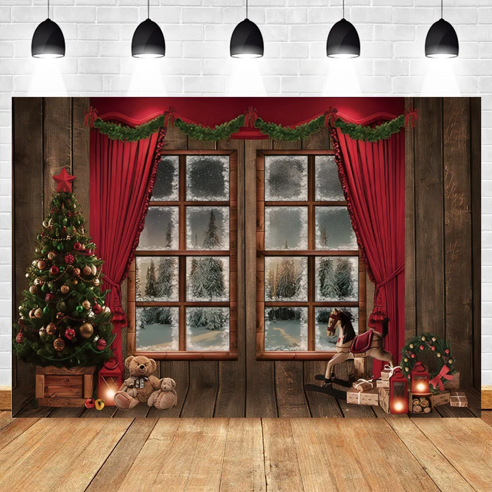 Christmas Photography Backdrop Fireplace Christmas Tree Window Gift Snow Family Party Baby Portrait Photography Background Decor