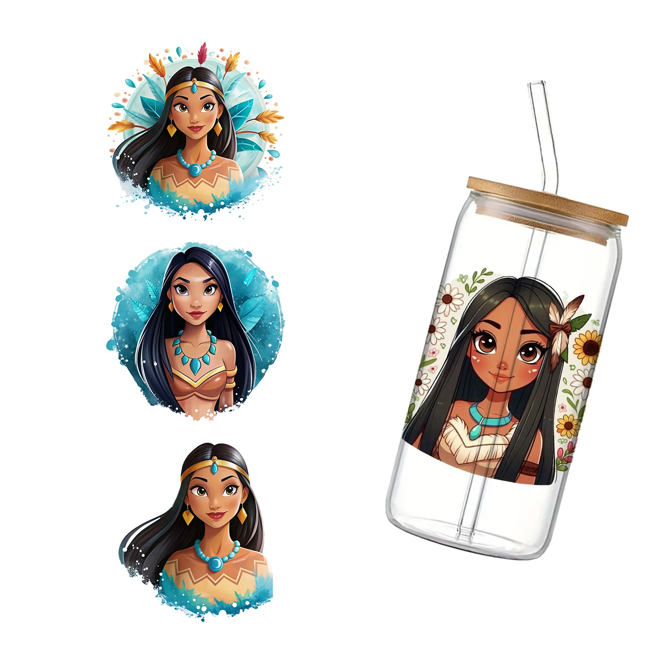 Princess Pocahontas Disney Wrap Sticker For Libbey 16oz Can Glass 3d Waterproof Uv Dtf Coffee Can Wrap Libbey Glass Wrap 11x11cm