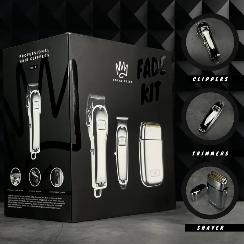 Royal Clips Kit Dissolvenza Capelli e Barba 2.0 – Pacchetto Tagliacapelli Professionale, Trimmer e Rasoio a Lamina per Uomo, Batteria da 5 Ore, Argento