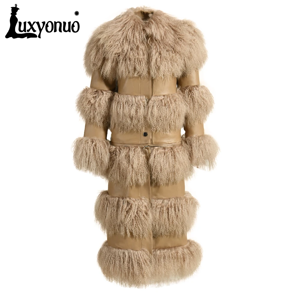 Luxyonuo Plus Size Mongolia Sheep Fur Long Coat Winter Genuine Leather Jacket Splice Real Sheep Fur Trench Coat Hem Is Removable