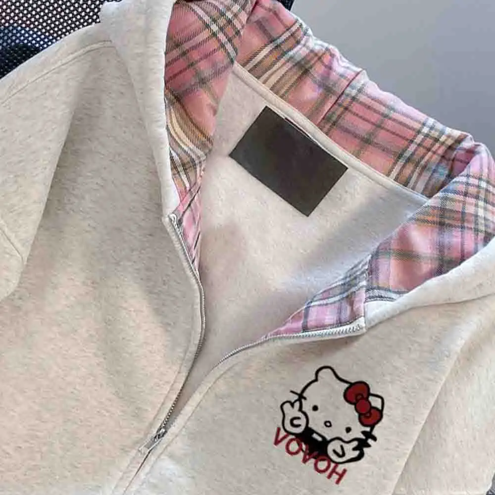 Hello Kitty Women's Hooded Sweatshirt Kawaii Cartoon Student Autumn Long Sleeve Zipper Top Women's Clothing Y2K Printed Coat view 3
