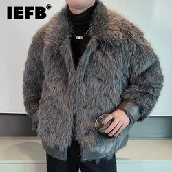 IEFB Lapel Men's Faux Fur Jackets Chic Patchwork PU Leather Plush Quilted Thickened Male Short Coats Spring New Stylish 9C4373