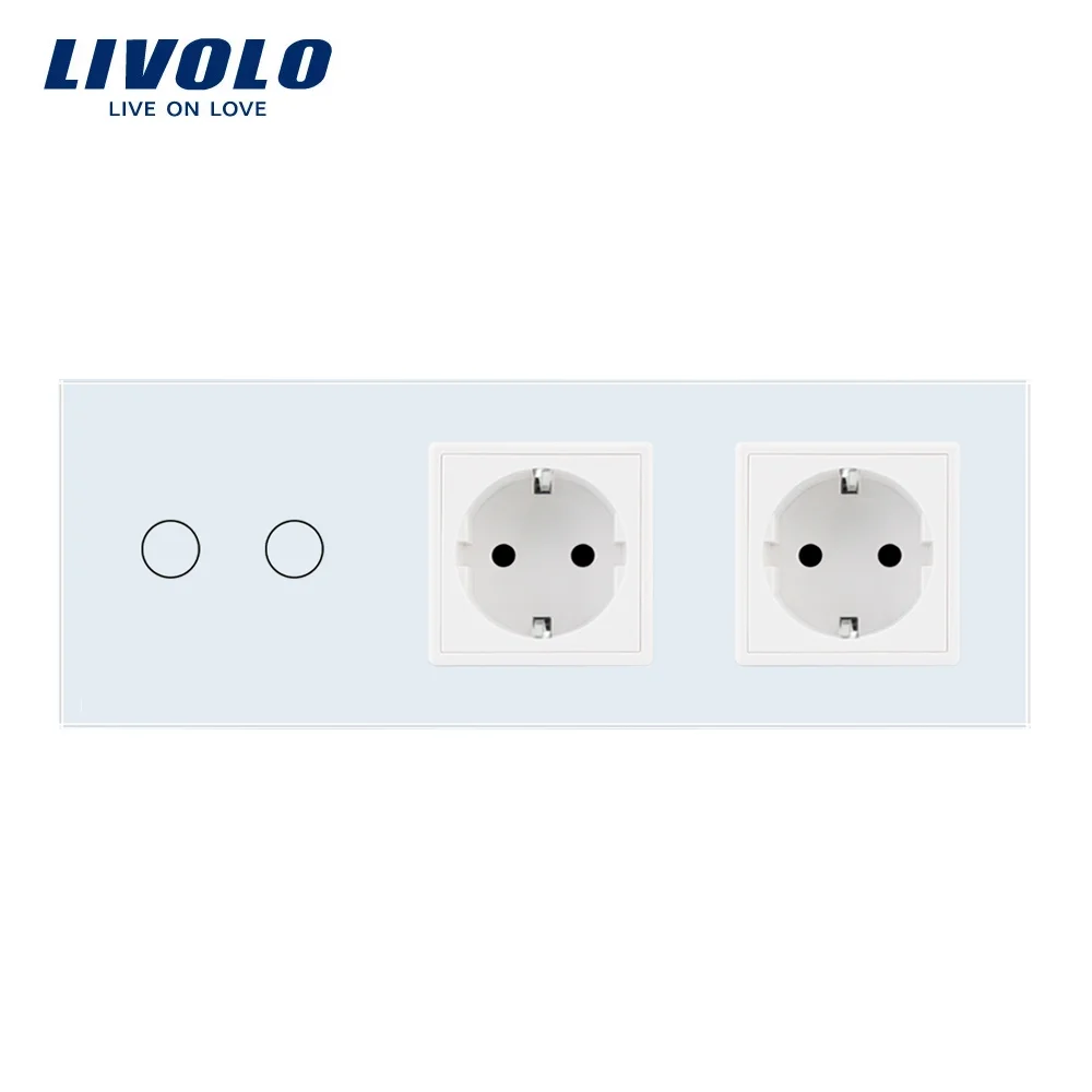 Livolo EU Standard Socket, Wall Switch,White Crystal Glass, 2Gang Wall Sockets with Touch Switch C702/C7C2EU-11 for Smart Home