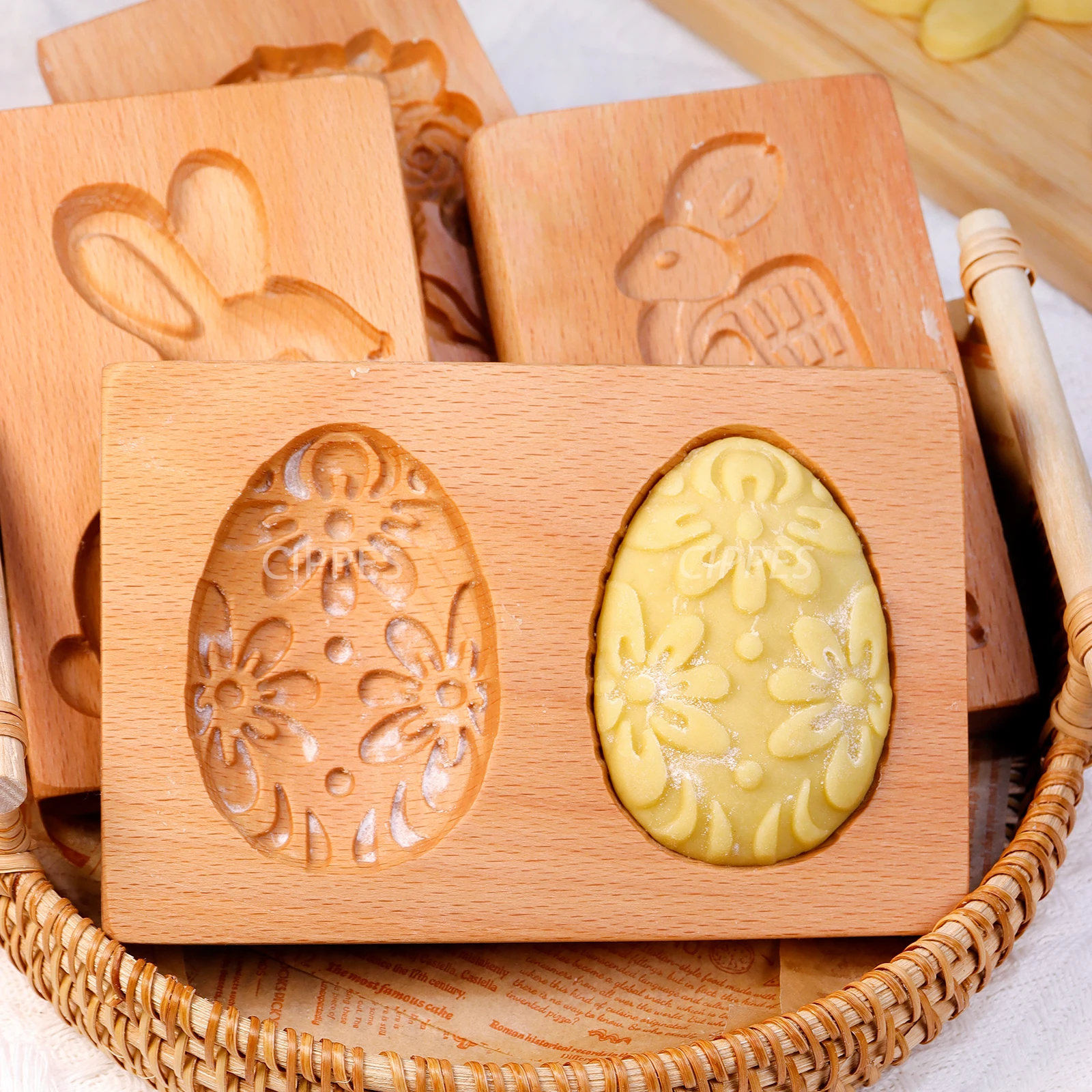 Wooden Cookie Molds, 3D DIY Cookie Cutter Mould with Easter Bunny Eggs Patterns, Cookie Stamp Embossing Press Molds