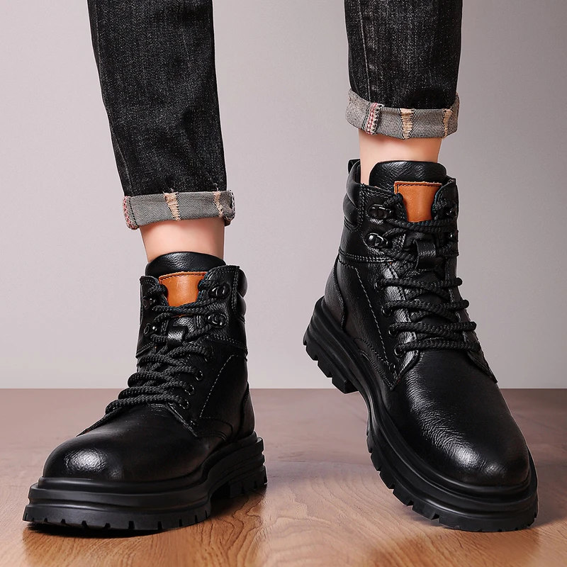 High Quality Men's Comfortable Lace Up Oversized Leather High Top Boots Winter Fashion and Plush Insulation Anti Slip Snow Boots