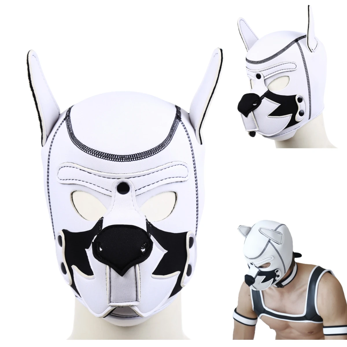 White Hot Open Mouth Animal Cosplay Costume Set with Adjustable Hood Padded Rubber Mask &Pupply Play Party  Accessories Headwear