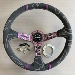 TIYPEOR-Volant brodé style JDM, 14 pouces, 350mm, support en daim violet, volant carboné