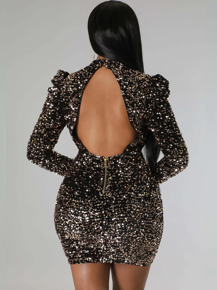 Nightclub Attire Sequin Sexy Women's Short Skirt Feather Long Sleeved Round Neck Hollowed Out Backless Party Luxurious Dress