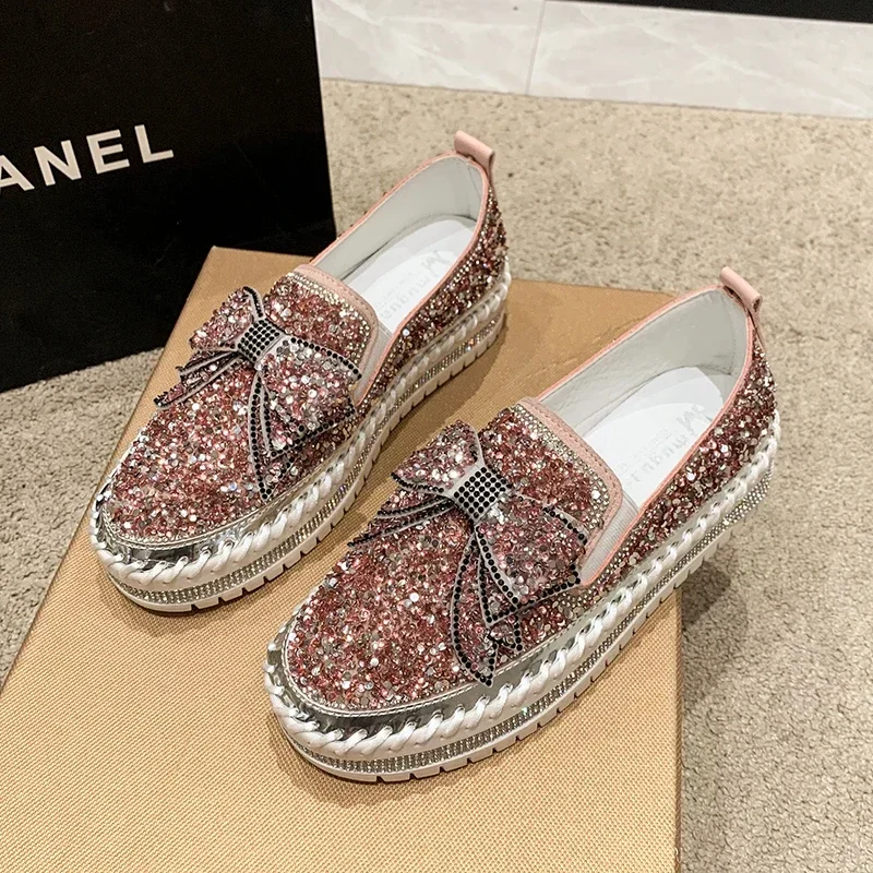 2024Fashion Women Shoes Shining Rhinestone Loafer Bowknot Slip-on Thick Botton CasualCrystal Female Platform Sneakers Sports