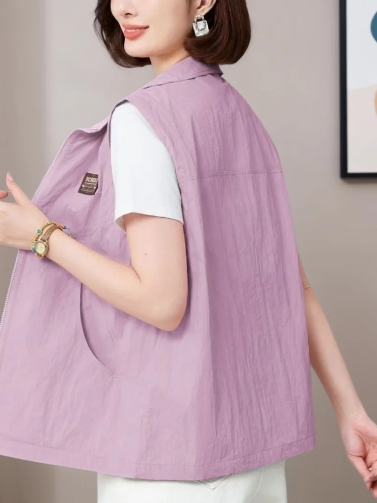 Casual Thin Women's Vest Short Outerwear Fashionable Spring Autumn New Loose Mom's Jacket Polyester Fabric Short Length