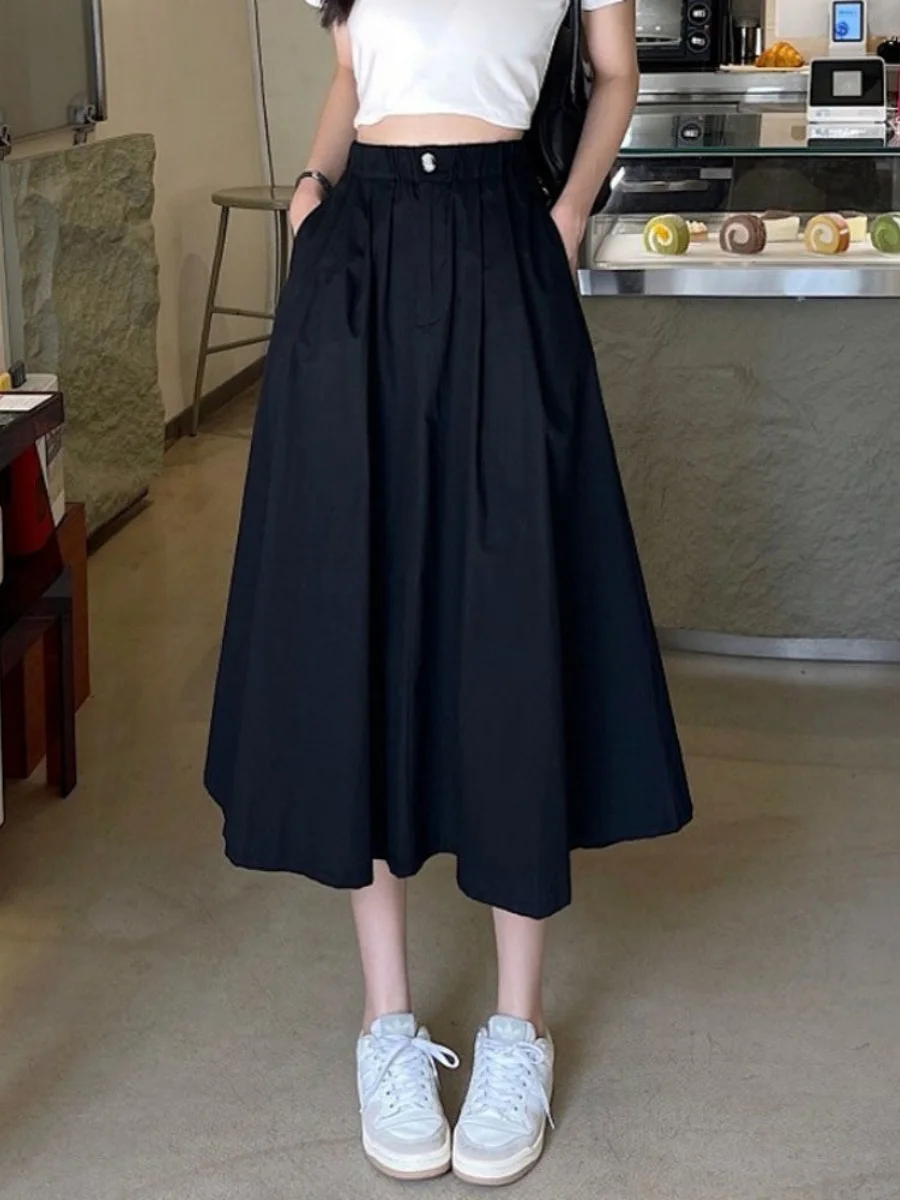 

Юбка-миди А-силуэта с высокой талией, повседневная, черная, для работы, весна-лето, новая, утягивающая, для женщин 35-39 лет