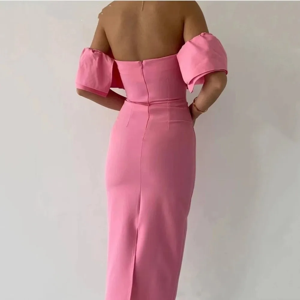 Vestido de fiesta de manga corta con hombros descubiertos y espalda descubierta, vestido de sirena con cuello de barco rosa, vestido de fiesta de noche con abertura lateral