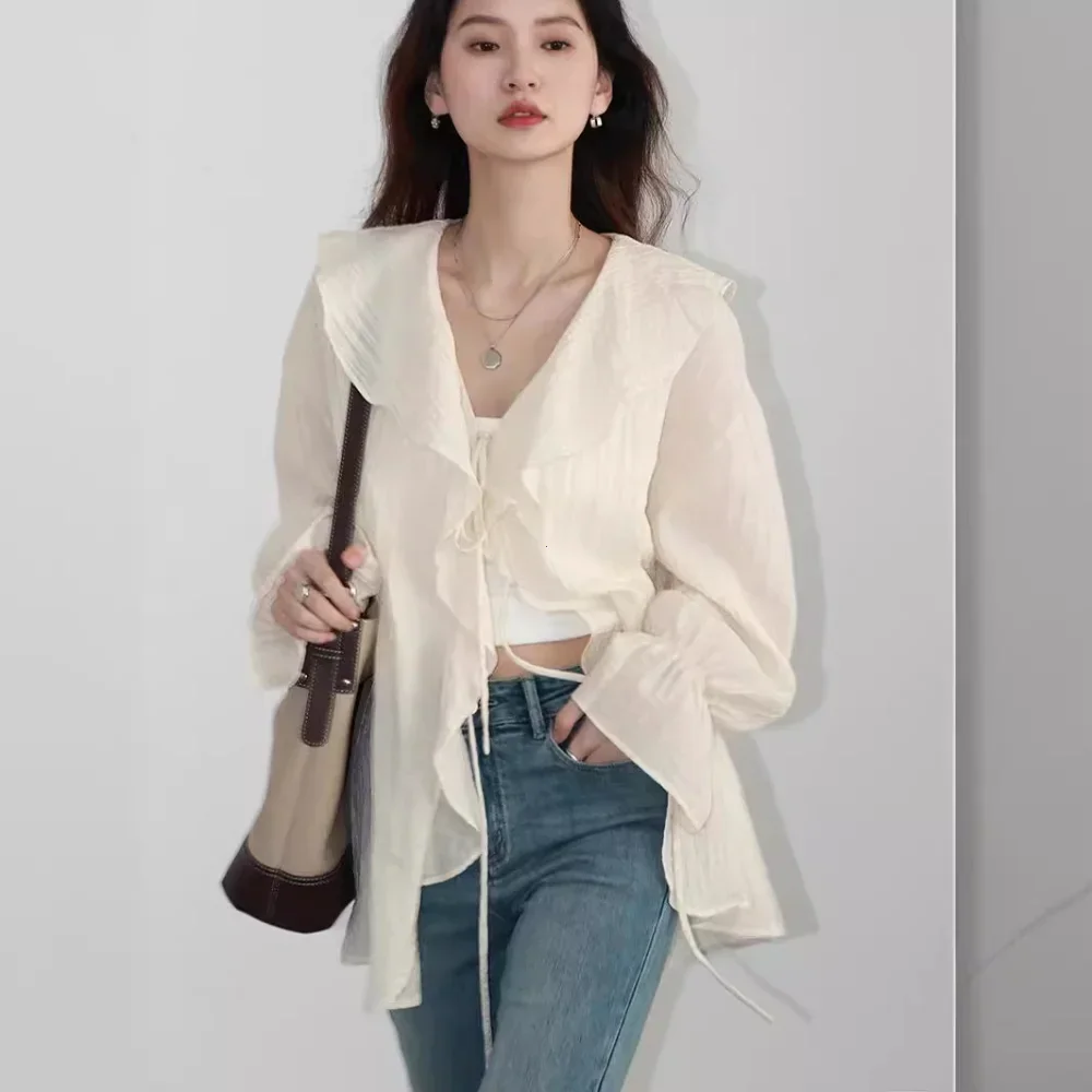 Women Shirt Loose Casual Ruffled Edges Female Blouses V Neck Lace Up Mid Length Woman Shirts Spring Summer 2024