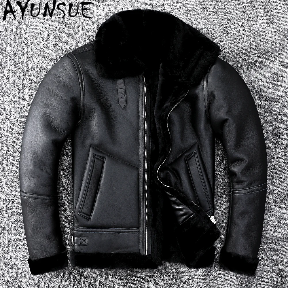 AYUNSUE Men Vintage Real Shearling Coat Genuine Leather Jacket Man Lamb Wool Fur Coats Turn Down Collar Warm Winter Mens Jackets