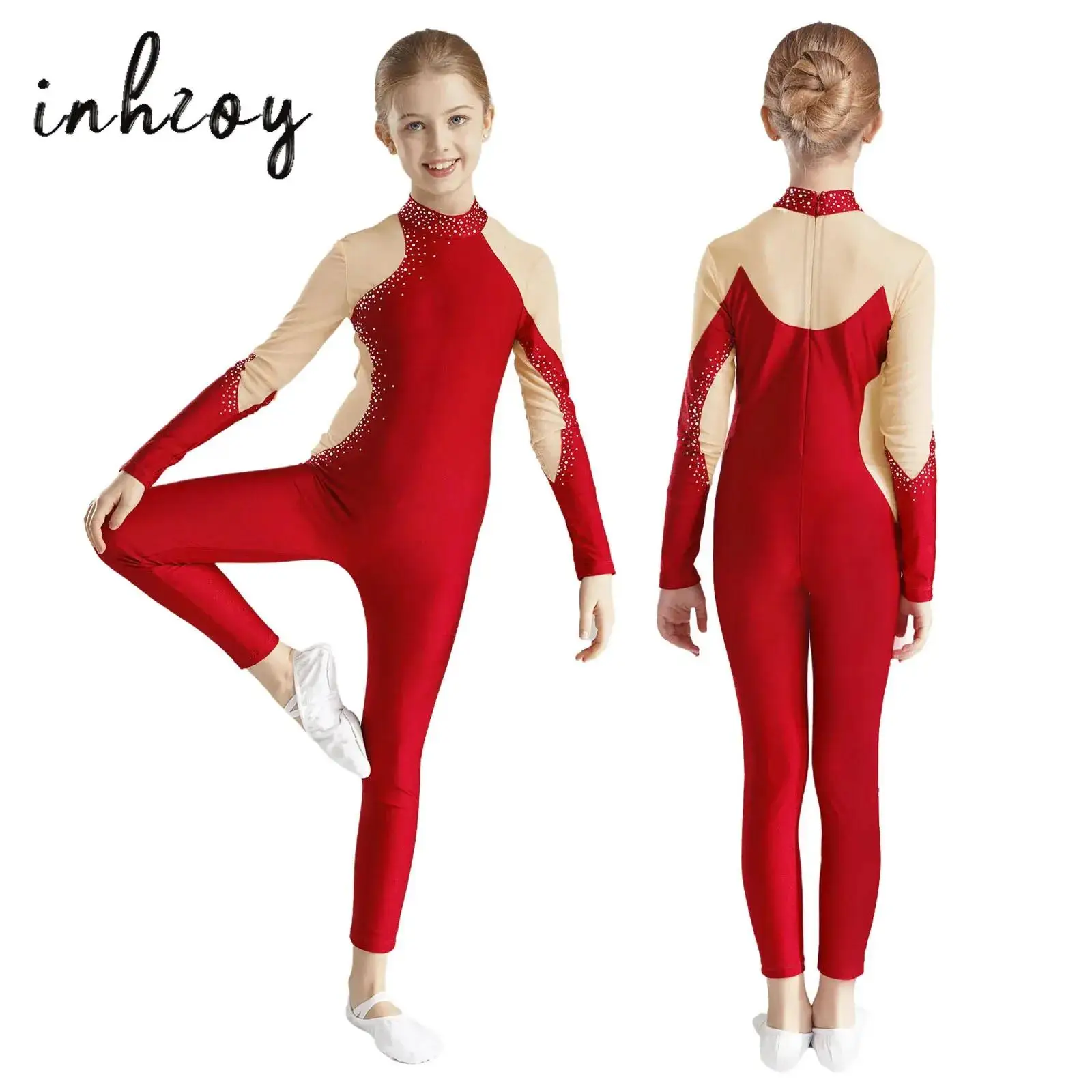 

Long Sleeve Gymnastics Jumpsuit for Girl Kids Rhinestone Mesh Ballet Leotard Figure Skating Acrobatics Full Bodysuit Dancewear