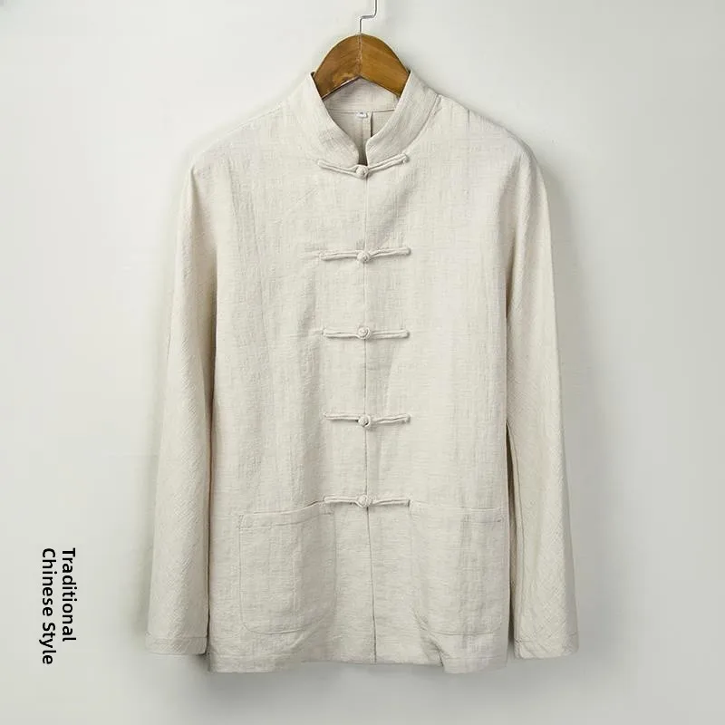 

Retro Chinese Sle Men's Long Sve Cotton Linen irt Stand Collar Tang Suit Button up Traditional Ethnic Faion Home Wear