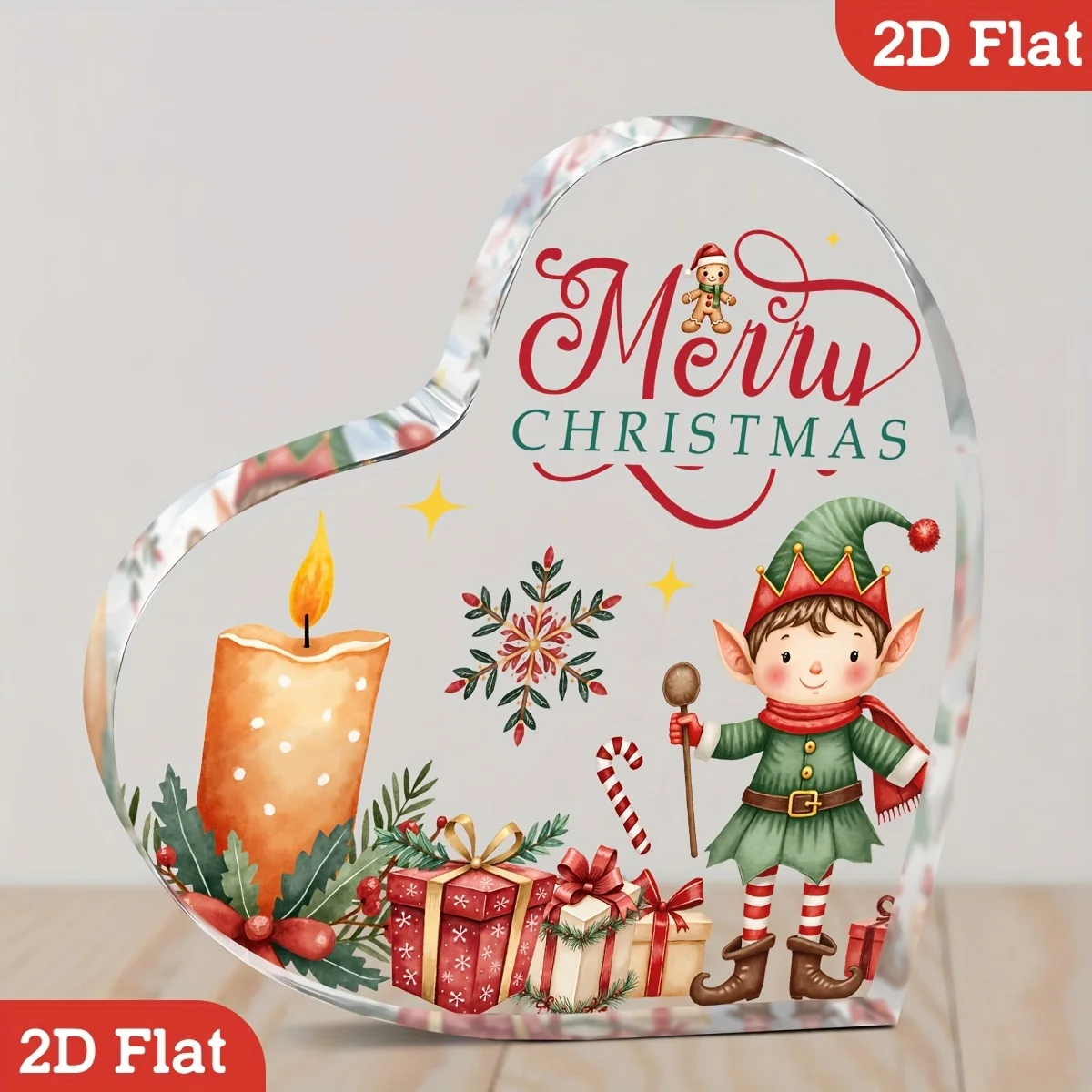 Watercolor Style Christmas Elf Heart‑Shaped Acrylic Plaque, Gift Box Gingerbread Man Desktop Decor