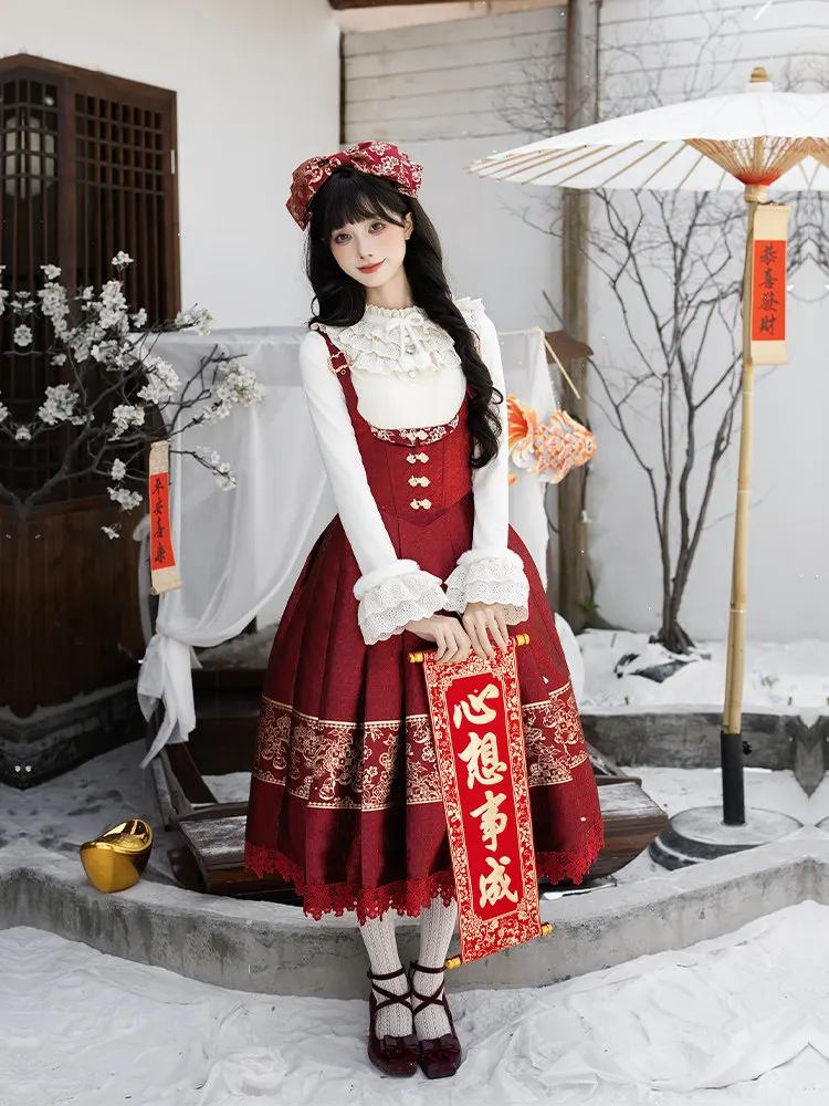 오리지널 프렌치 엘레강트 신년 로리타 드레스 세트 긴 소매 이너 셔츠 레드 플리츠 스트랩 스커트 투피스 세트 여성용 겨울