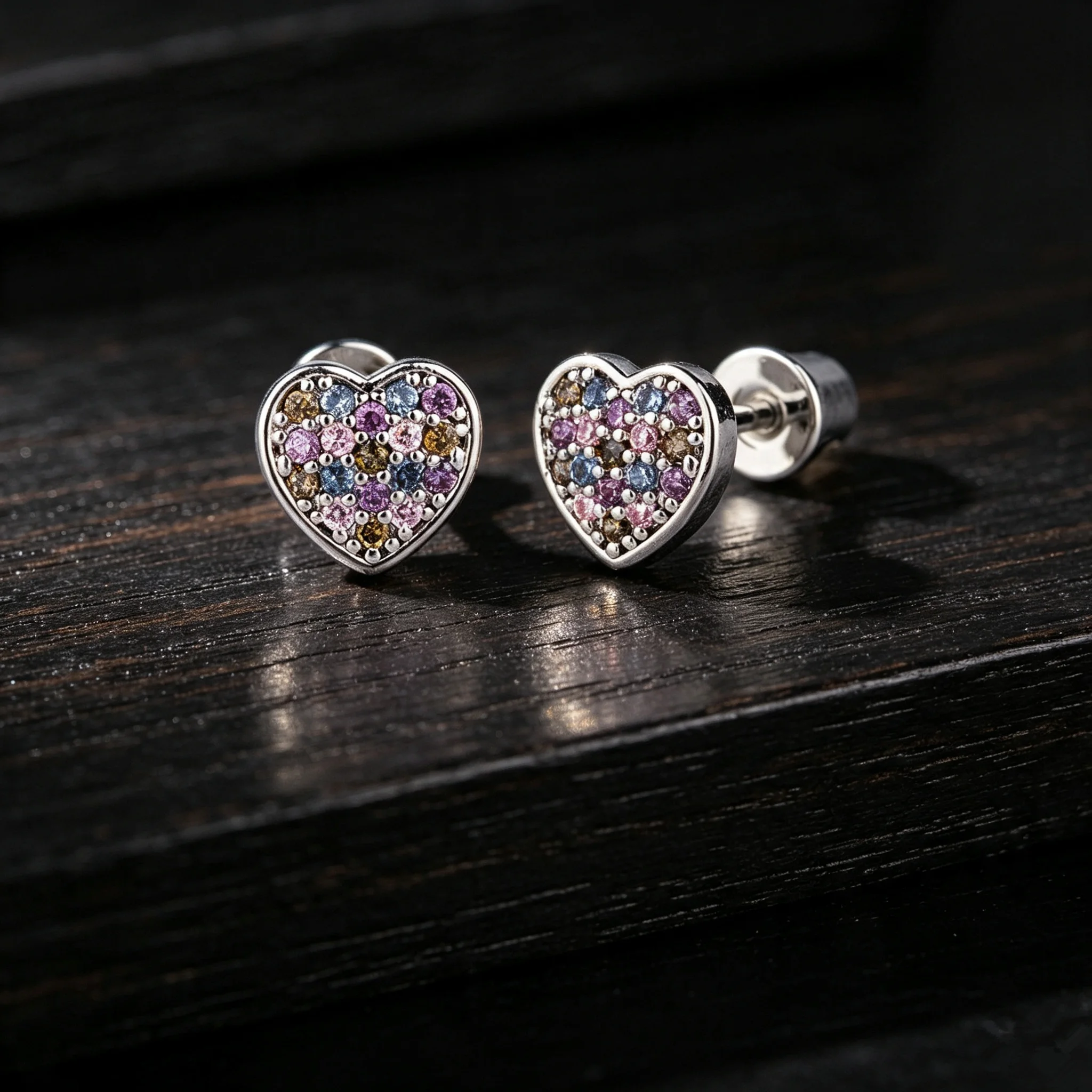1Pc Multicolor CZ Crystal Heart Stud Earrings for Women Silver Tone Colorful Rhinestone Inlaid Ear Jewelry Daily Party  Gift