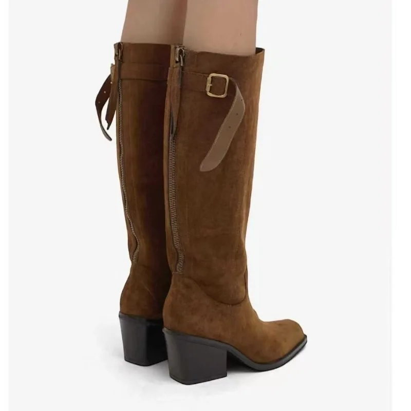 Fashion Retro Belt Buckle Women Knee-High Boots Rear Zipper Pointed Toe Knight Boots Flock Coarse Following 7CM Ladies Shoes