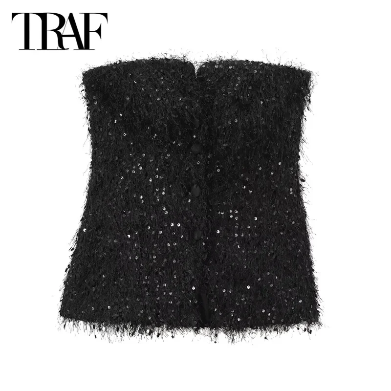 TRAF Sequined Black Corset Top Women 2024 Autumn Tassel Tank & Camis Tube Tops Elegant Sleeveless Backless Off Shoulder Tops